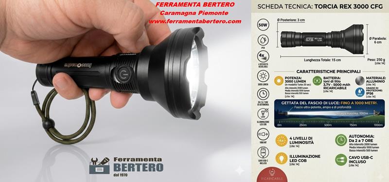 TORCIA LED ULTRA POTENTE  RICARICABILE REX 3000